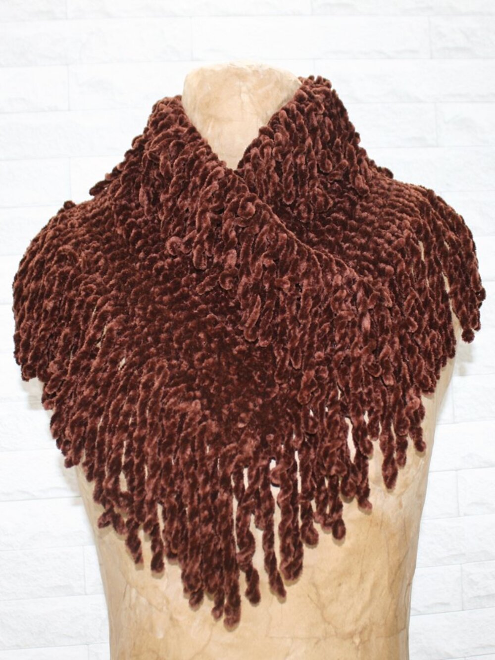 HAND CRAFTED Scarf Infinity Shawl Chenille Turtleneck Fringe Oversized Brown